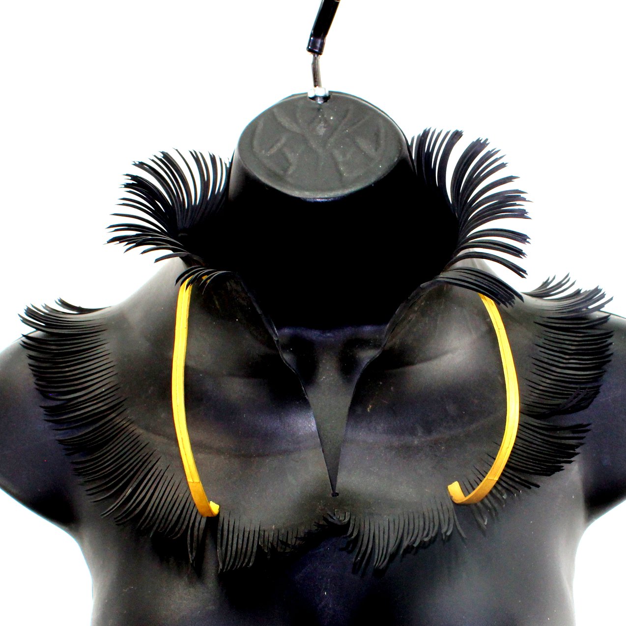 OOAK Fabulous Inner Tube Art Necklace Collar Black Gold Signed Pilar 2001 close view front