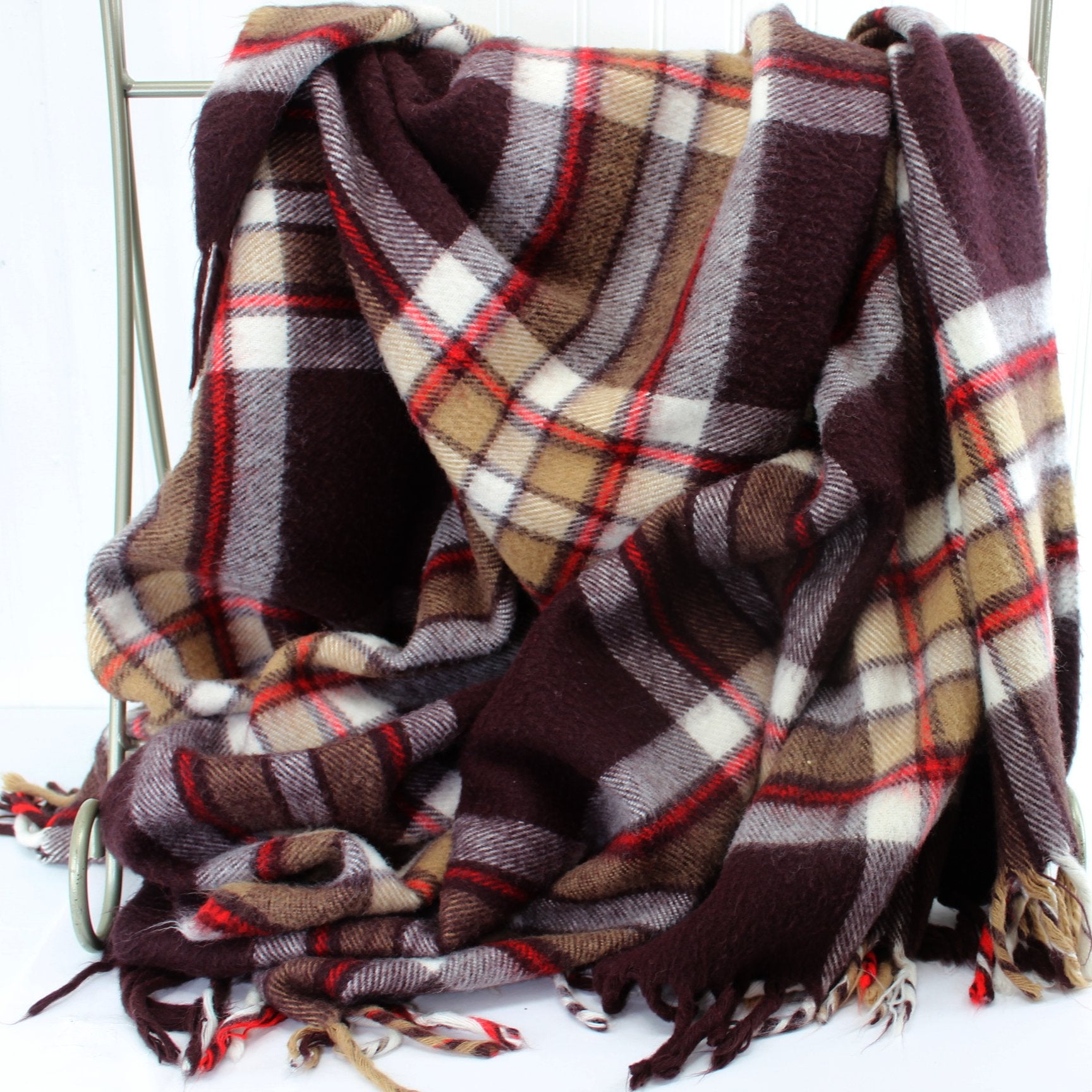 Faribo Faribault Woolen Mills Co Brown Plaid Fringed Acrylic Blanket Throw hot 48x62