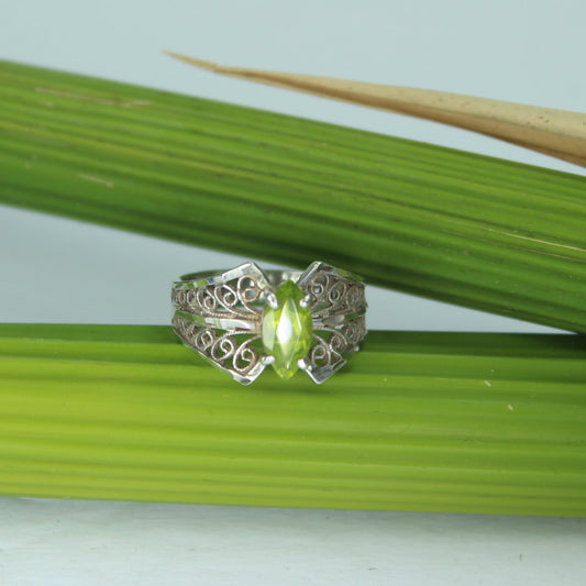 Artisan Sterling Filigree Large Oval Peridot Ring Butterfly Shape