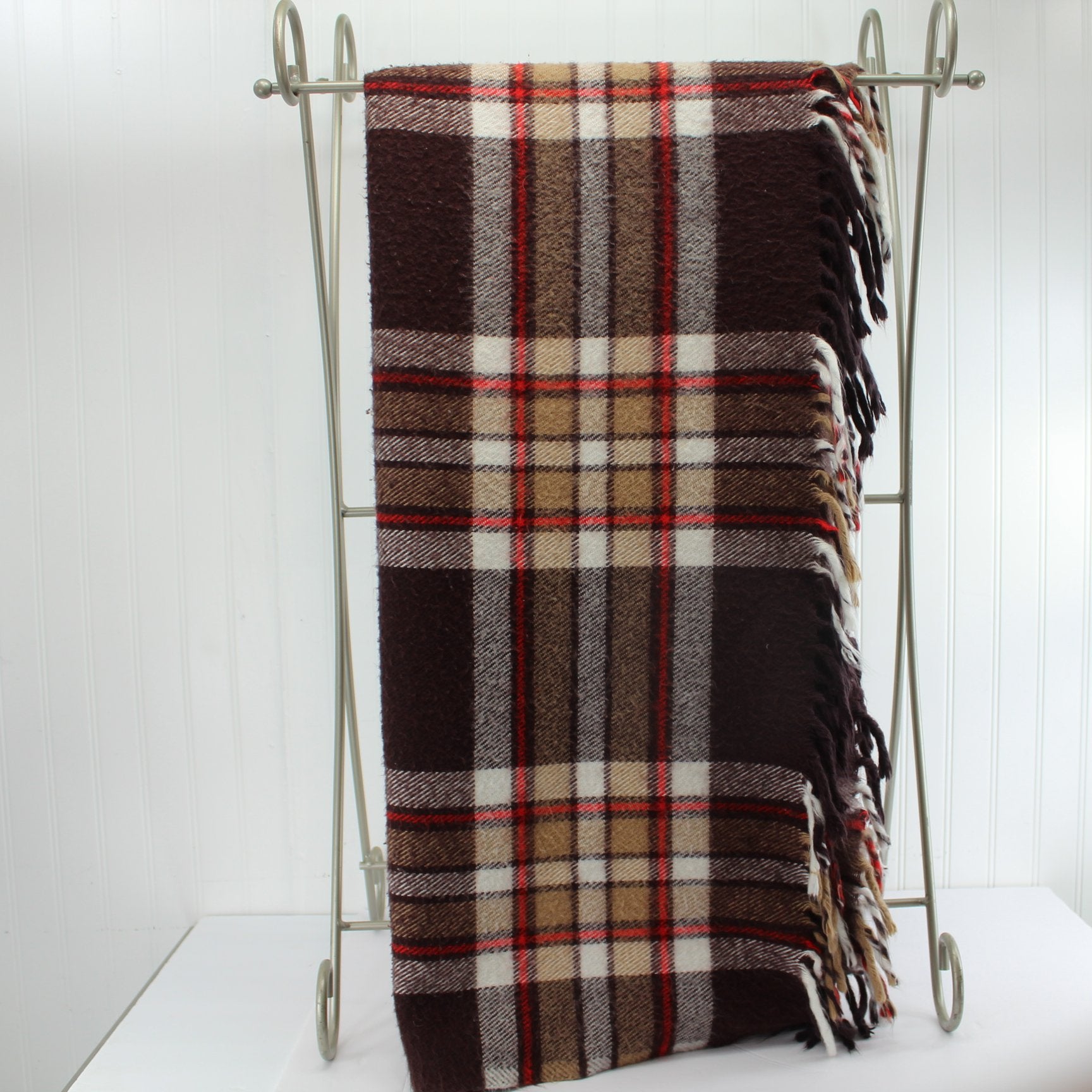 Faribo Acrylic Throw Blanket Brown Red Plaid  52" X 54" vertical view plaid