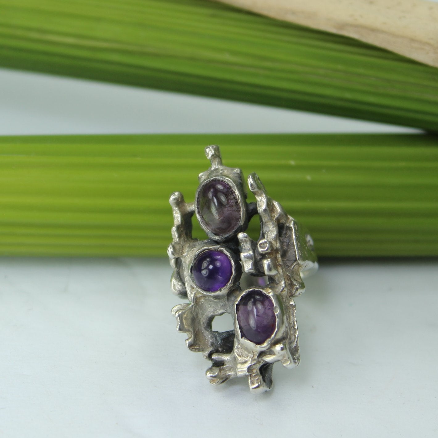 Large Free Form Sterling Amethyst Color 3 Stone  Ring Gem-Craft Mark different view front