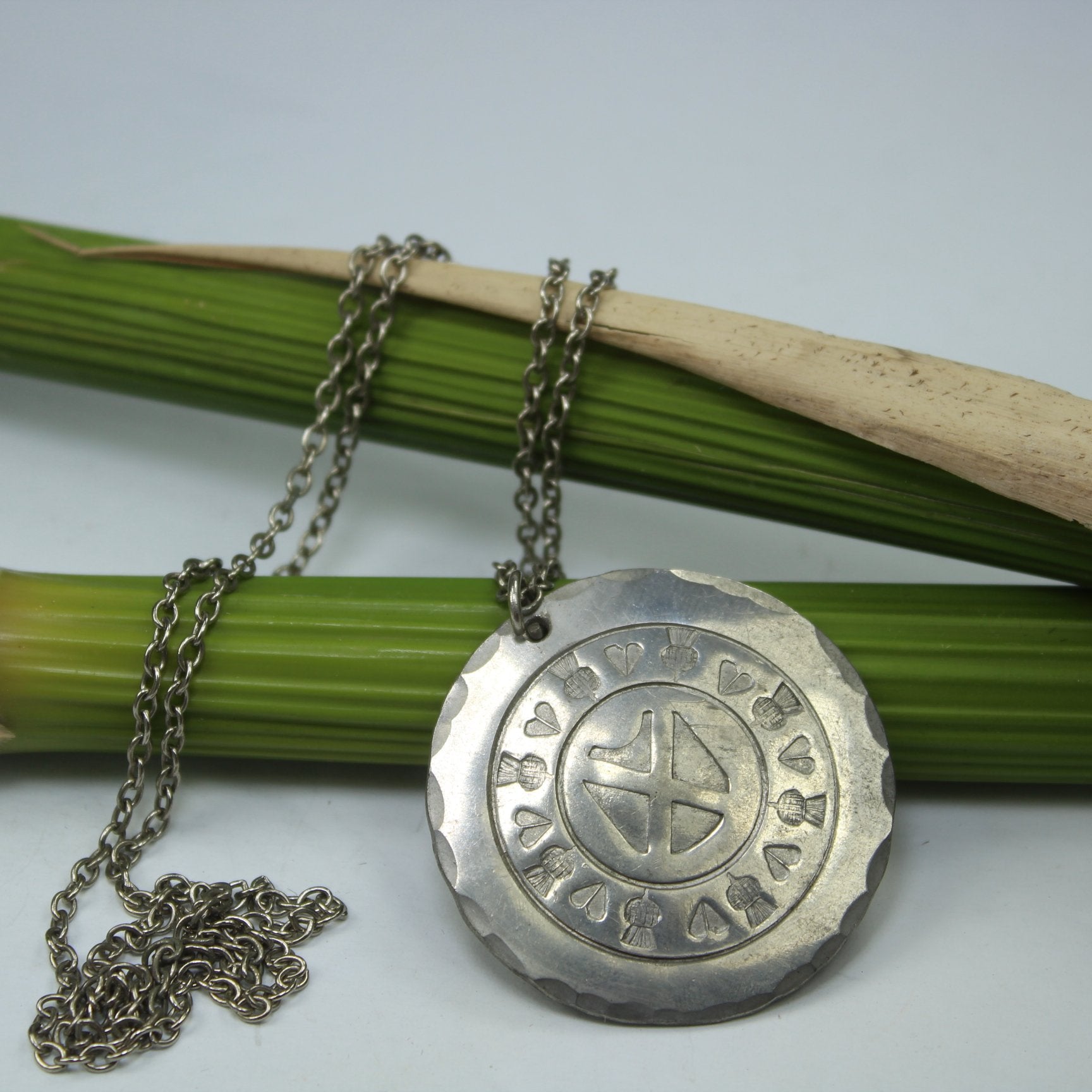 Necklace Medallion Scotland Celtic Shield Thistles Hearts Newcraft Hand Made Vtg