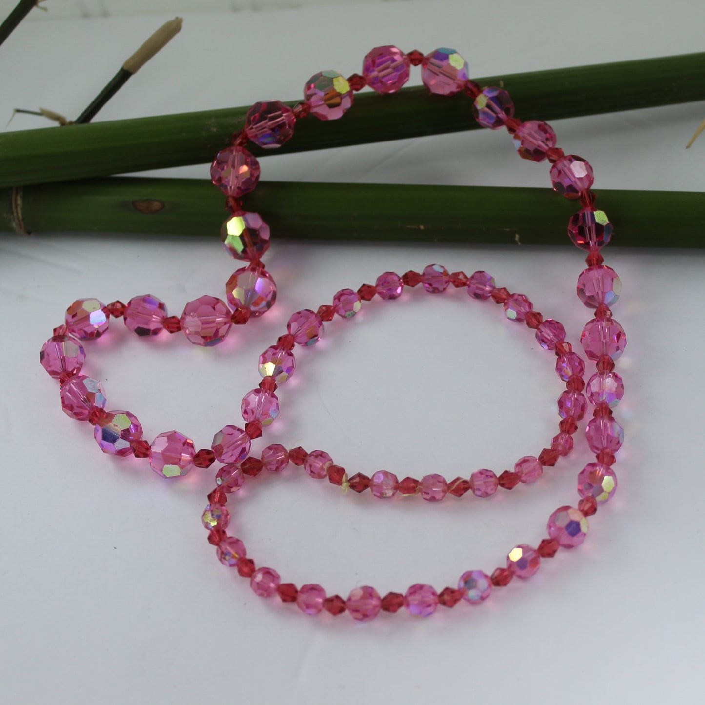 Vintage Deep Pink Aurora Borealis Crystal Beads Heavy  lovely ncklace