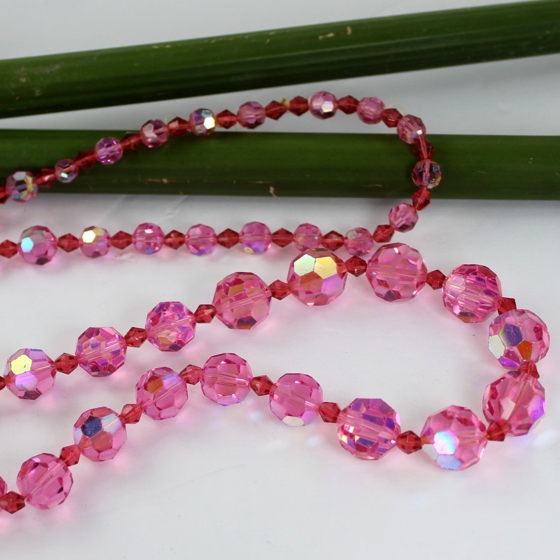 Vintage Deep Pink Aurora Borealis Crystal Beads Heavy  closeup faceted beads and sizes