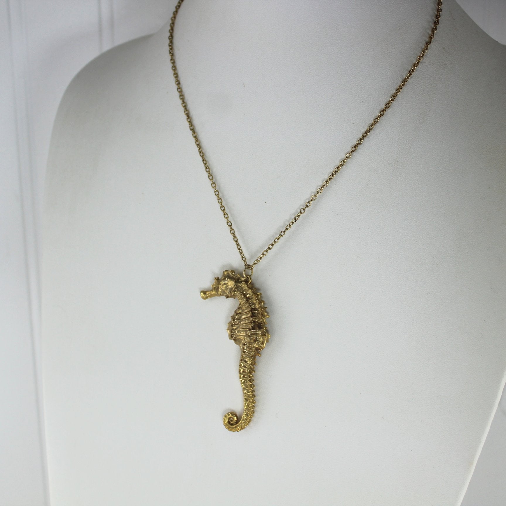 Natural Sea Horse Pendant Necklace Gold Wash Vintage 1980s