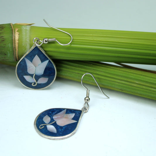 Earrings Mother of Pearl Tulips Blue Enamel Alpaca Silver Mexico