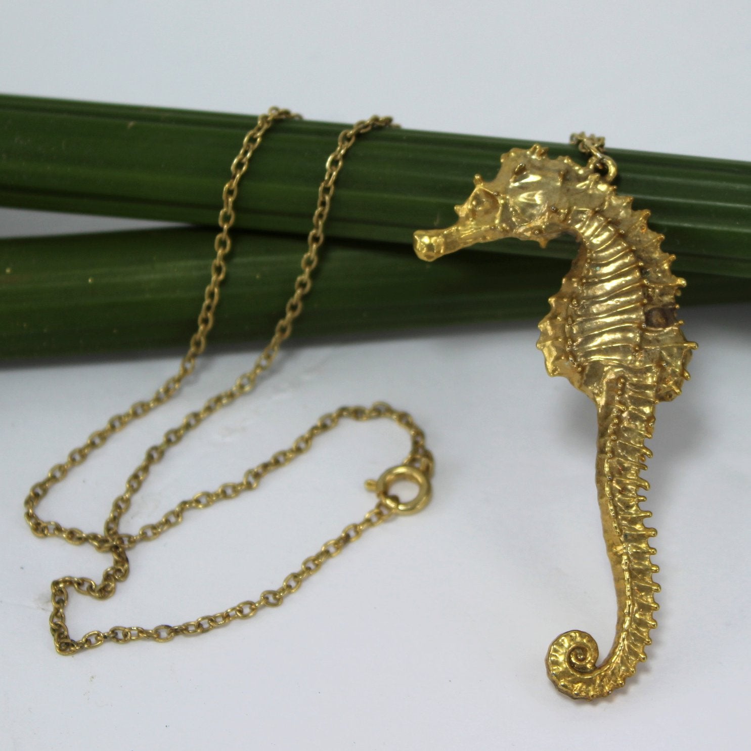 Natural Sea Horse Pendant Necklace Gold Wash Vintage 1980s closeup