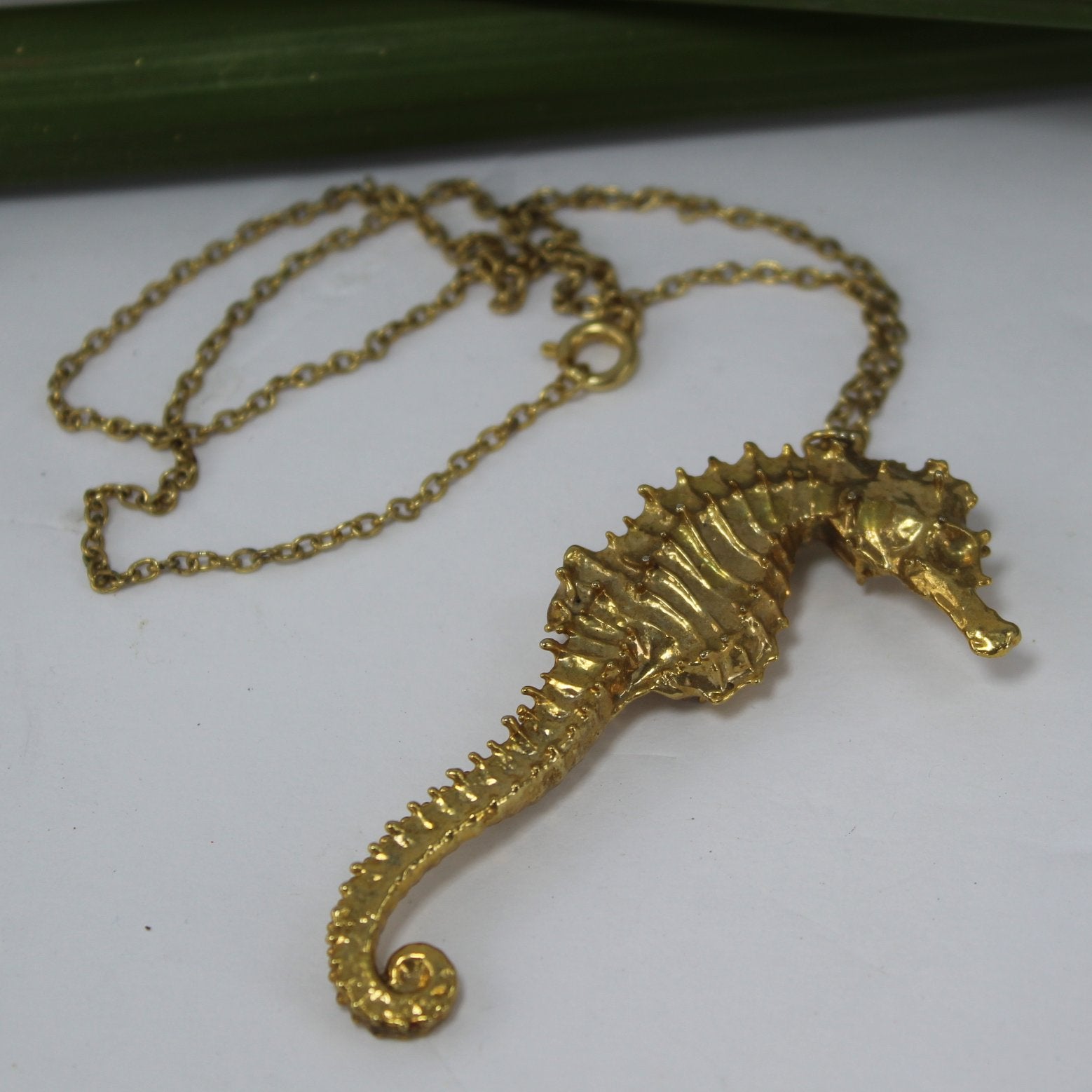 Natural Sea Horse Pendant Necklace Gold Wash Vintage 1980s flat view