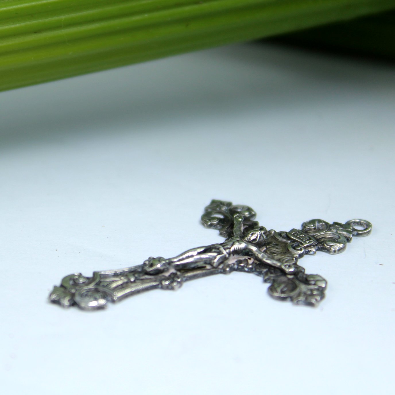 Chapel Cross Sterling Crucifix Highly Dimensional Ornate Vintage from Estate flat view of cross