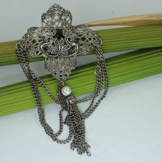 1928 Jewelry Company Filigree Pin Onyx Pearl Chains