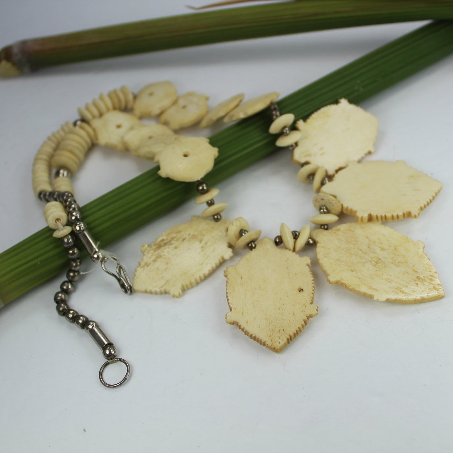 Carved Bone Turtles Necklace Silver Beads Africa Wear DIY Beads back view necklace