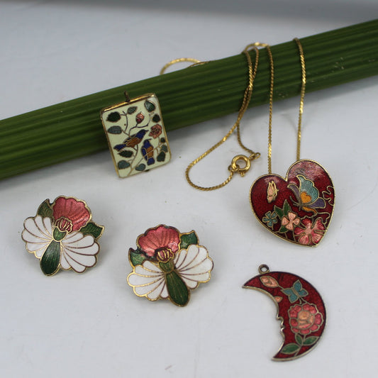 Collection Vintage Enamel Cloisonne Jewelry Butterfly Bird  Orchid