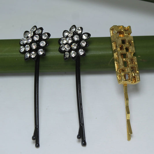 Hair Pins 3 Shiny Rhinestones Gold Geometric