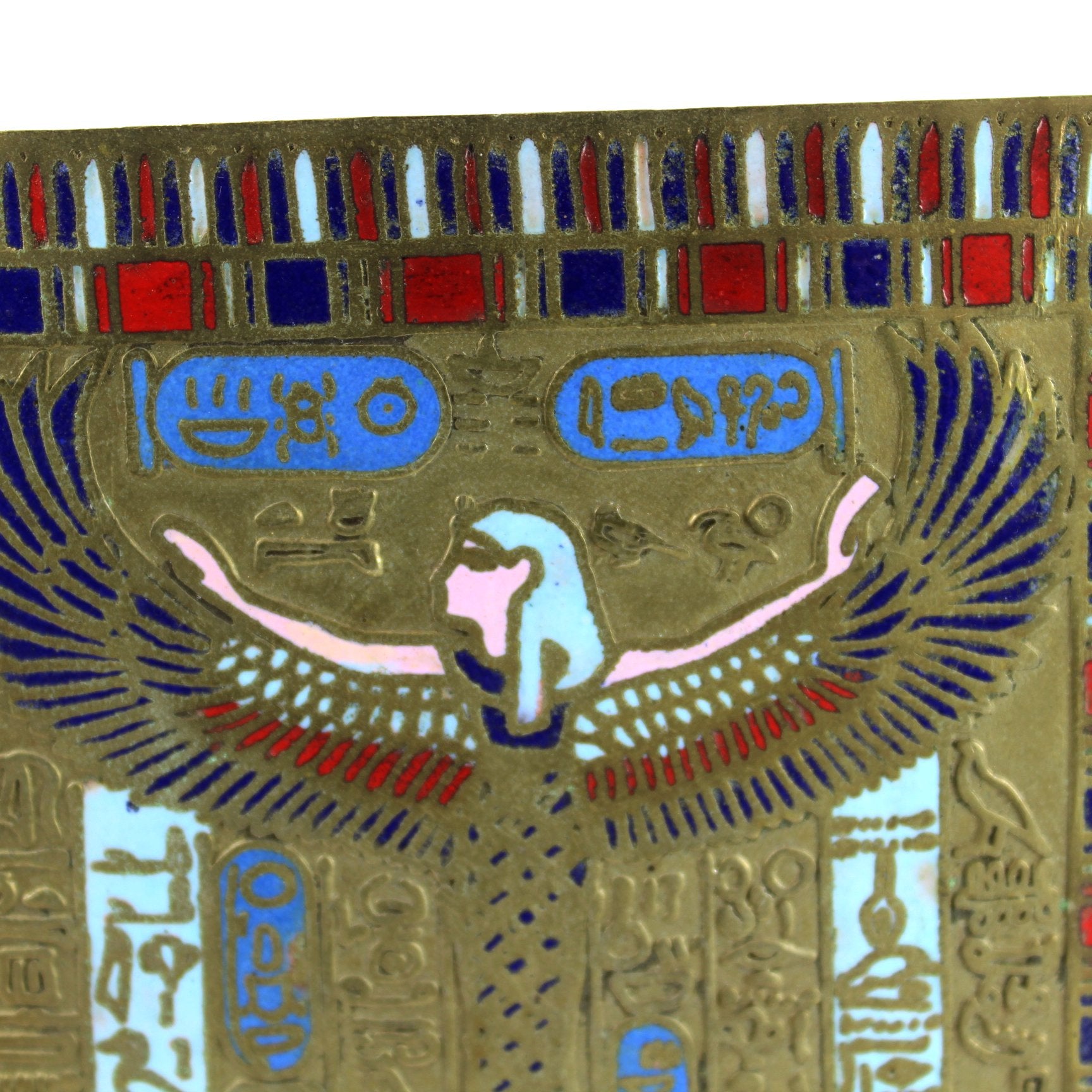 Brass Enamel Egyptiana Plaque Table Decorationon Stand Made Egypt closeup design