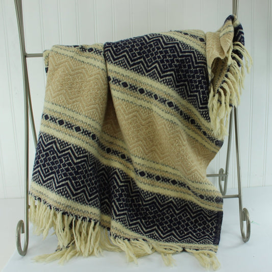 Faribo Wool Throw Southwest Design Navy Beige Cream 44" X 42"