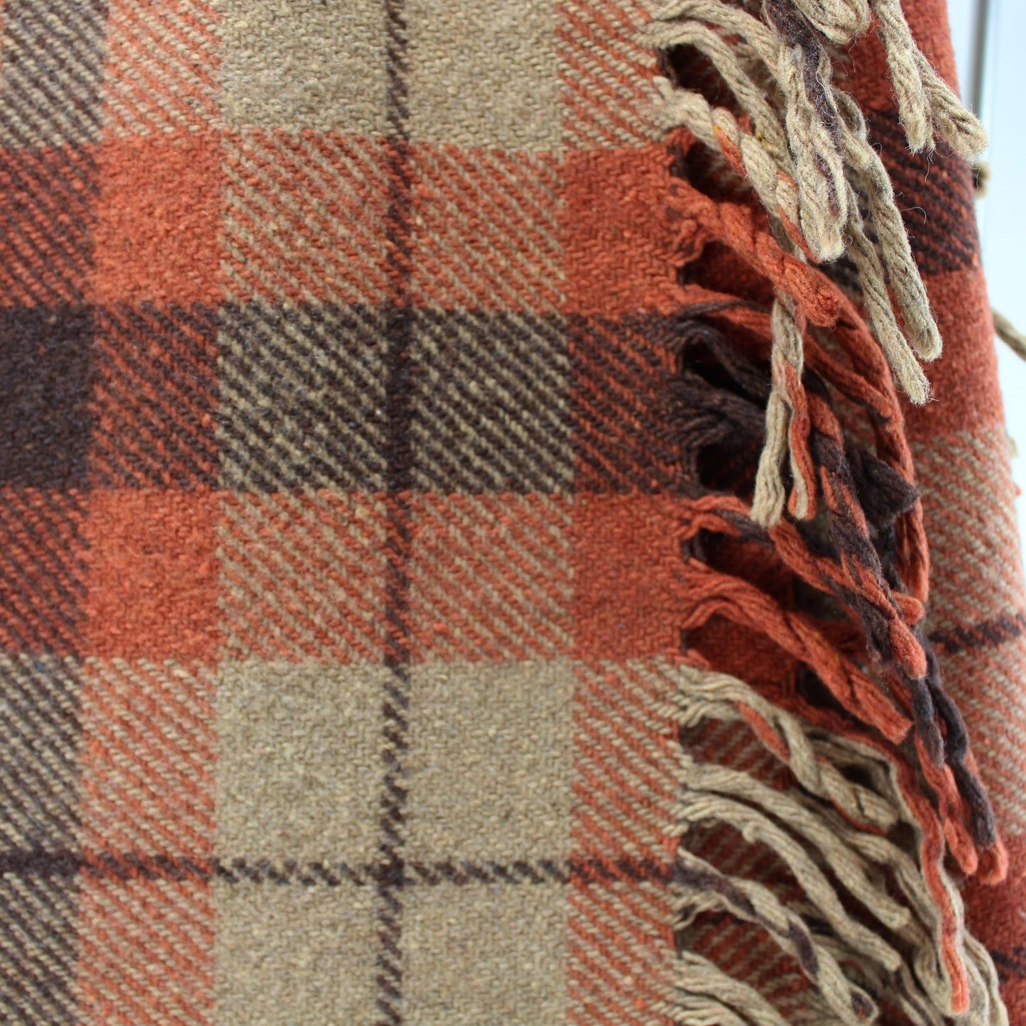 Brown Orange Wool Plaid Throw Blanket Vintage closeup view plaid 