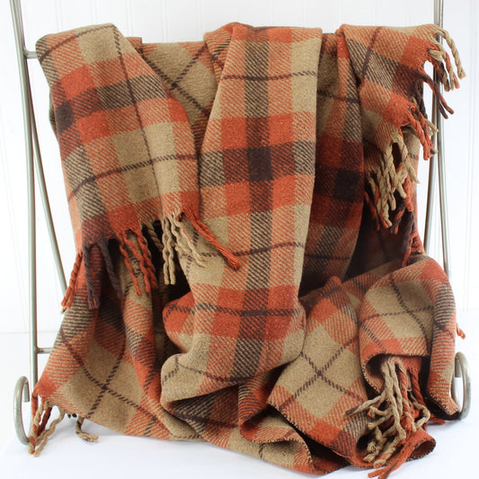 Brown Orange Wool Plaid Throw Blanket Vintage