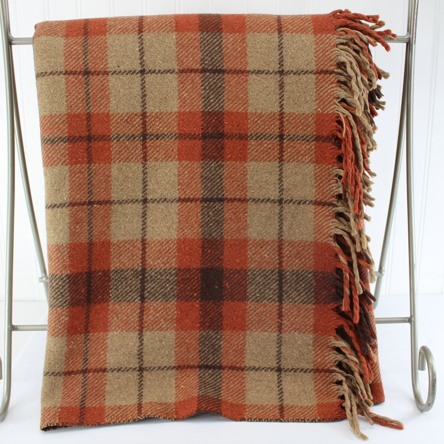 Brown Orange Wool Plaid Throw Blanket Vintage folded view