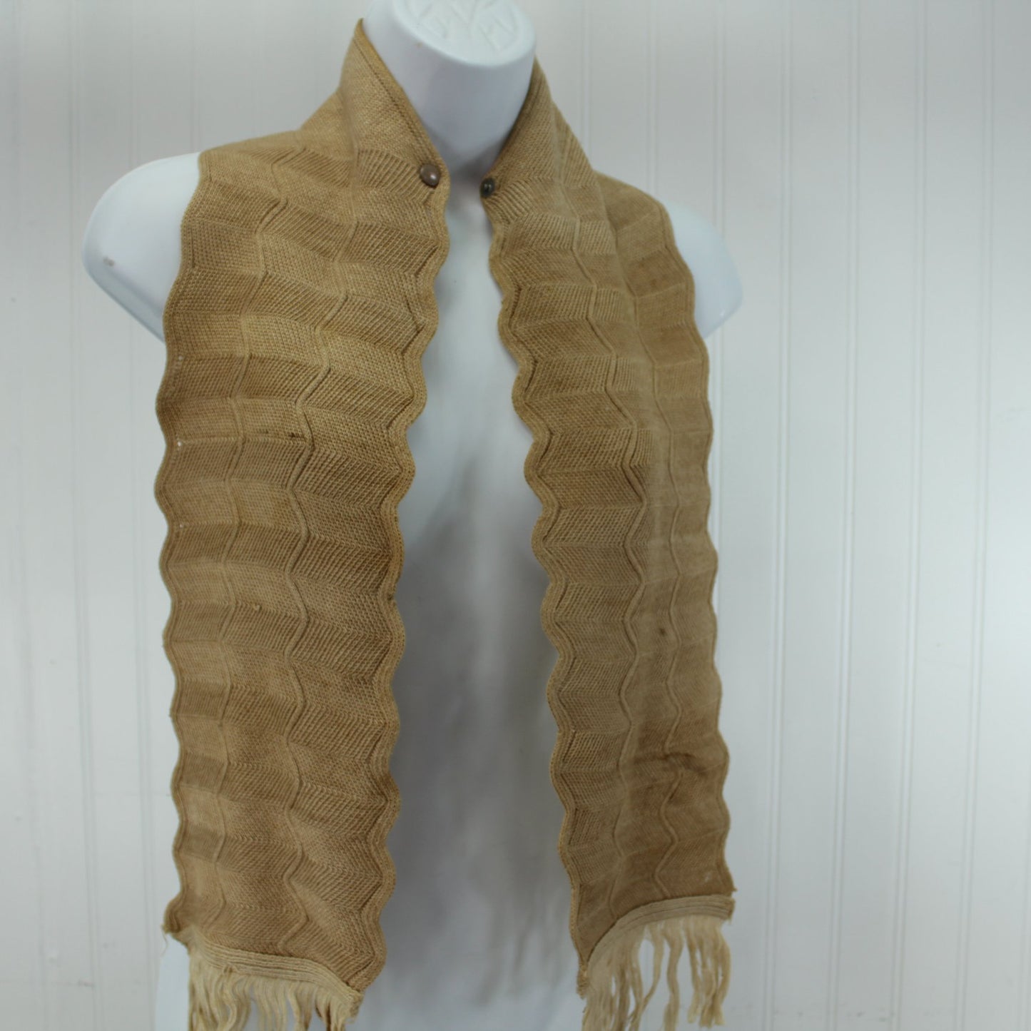 Antique Victorian Woven Knit Neck Warmer Scarf Snap Closure open snap full length view