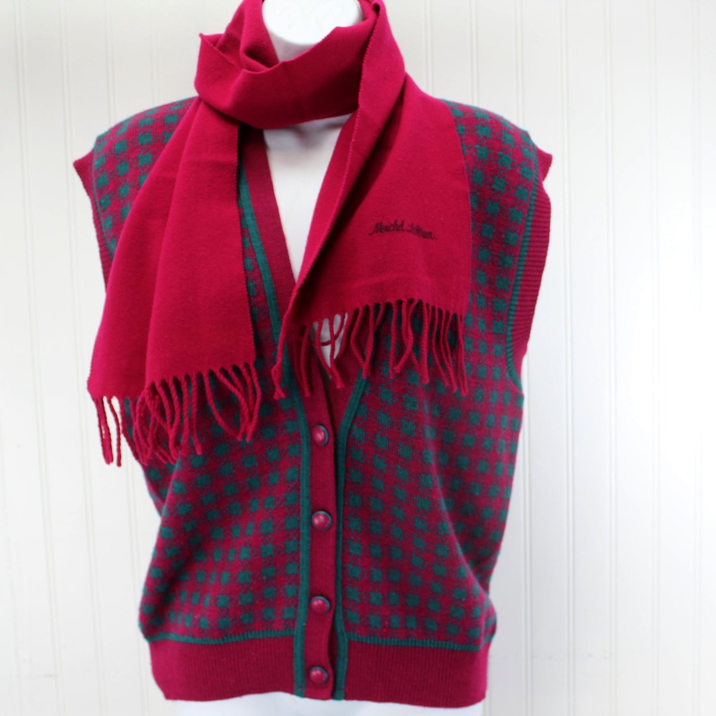 Pendleton Vtg Wool Sweater Vest Fuchsia Teal Womens LeBrun Scarf