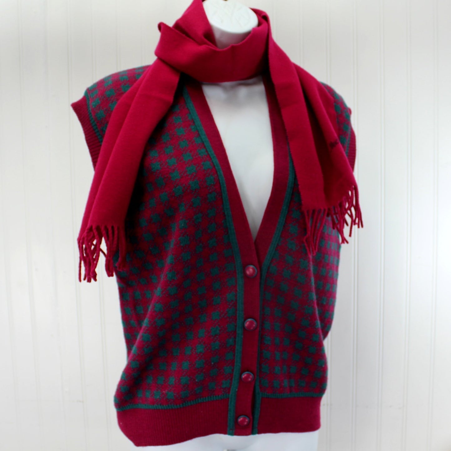 Pendleton Vtg Wool Sweater Vest Fuchsia Teal Womens LeBrun Scarf 2 color buttons