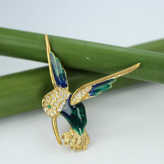 Roman Brooch Pin Hummingbird Blue Green Enamel Pave Rhinestone Estate