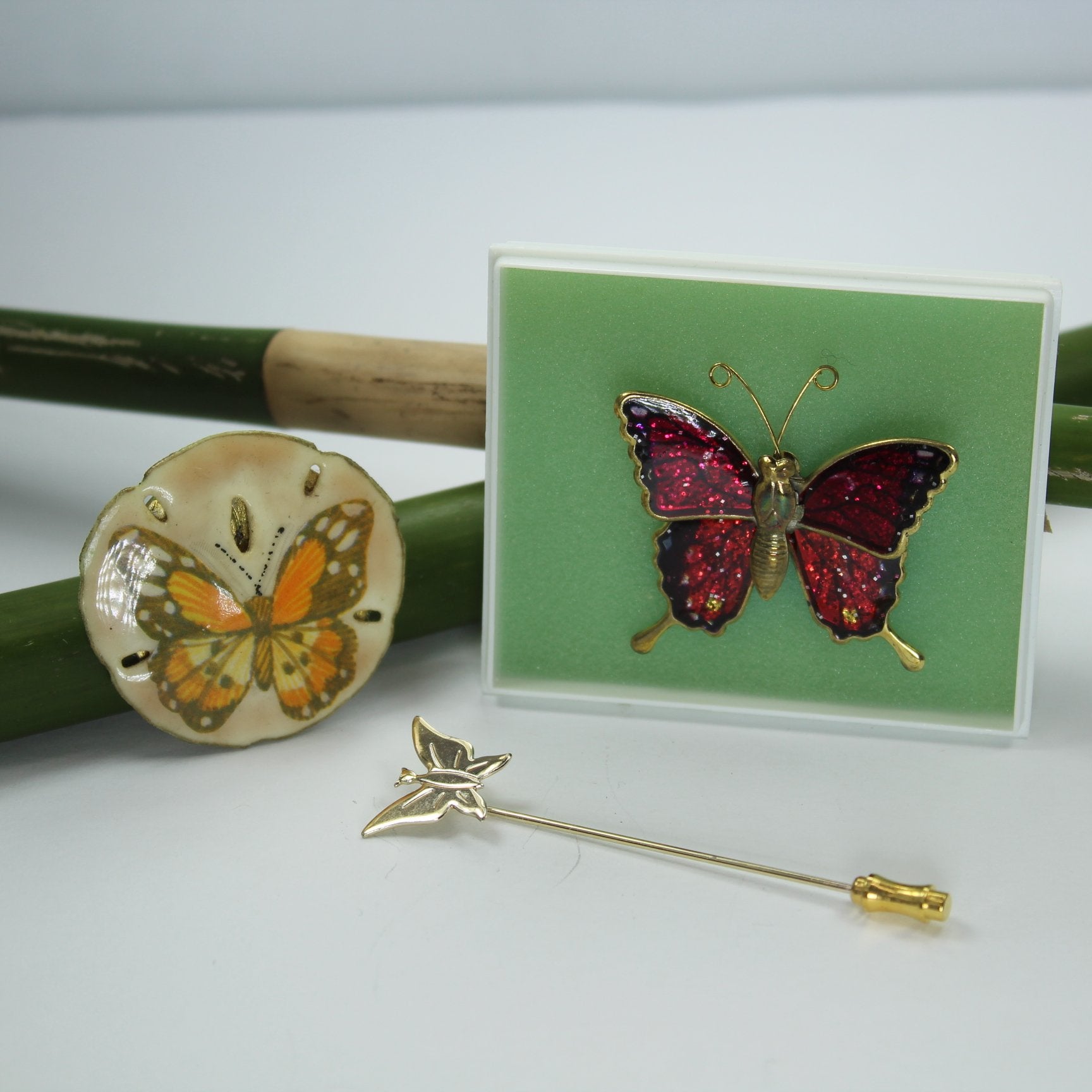 Collection 3 Butterfly Jewelry Sand Dollar Pin Sparkling Red Tie Stickpin