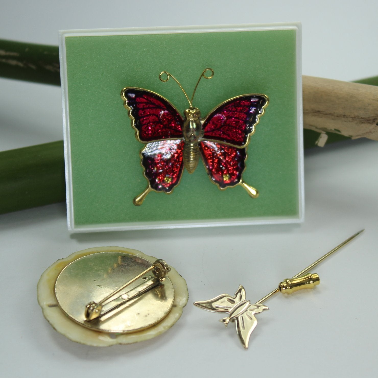 Collection 3 Butterfly Jewelry Sand Dollar Pin Sparkling Red Tie Stickpin reverse view of jewelry
