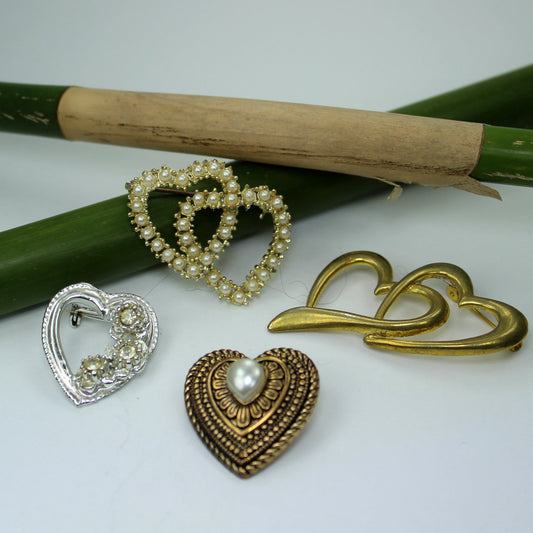 Collection 4 Heart Pins Brooches Vintage Costume