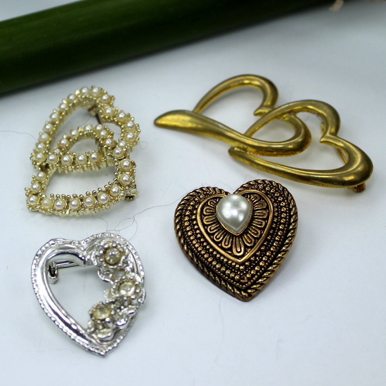 Collection 4 Heart Pins Brooches Vintage Costume 2 double hearts
