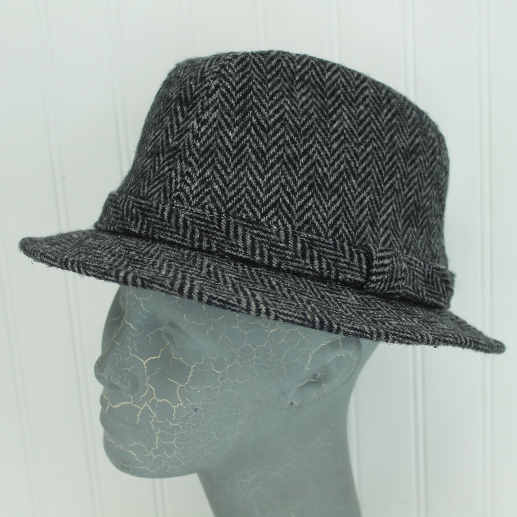 Dorfman Pacific Scala Hat Black Grey Herringbone Wool Blend closeup