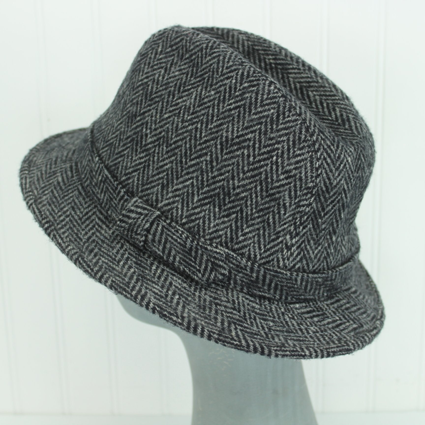 Dorfman Pacific Scala Hat Black Grey Herringbone Wool Blend back view