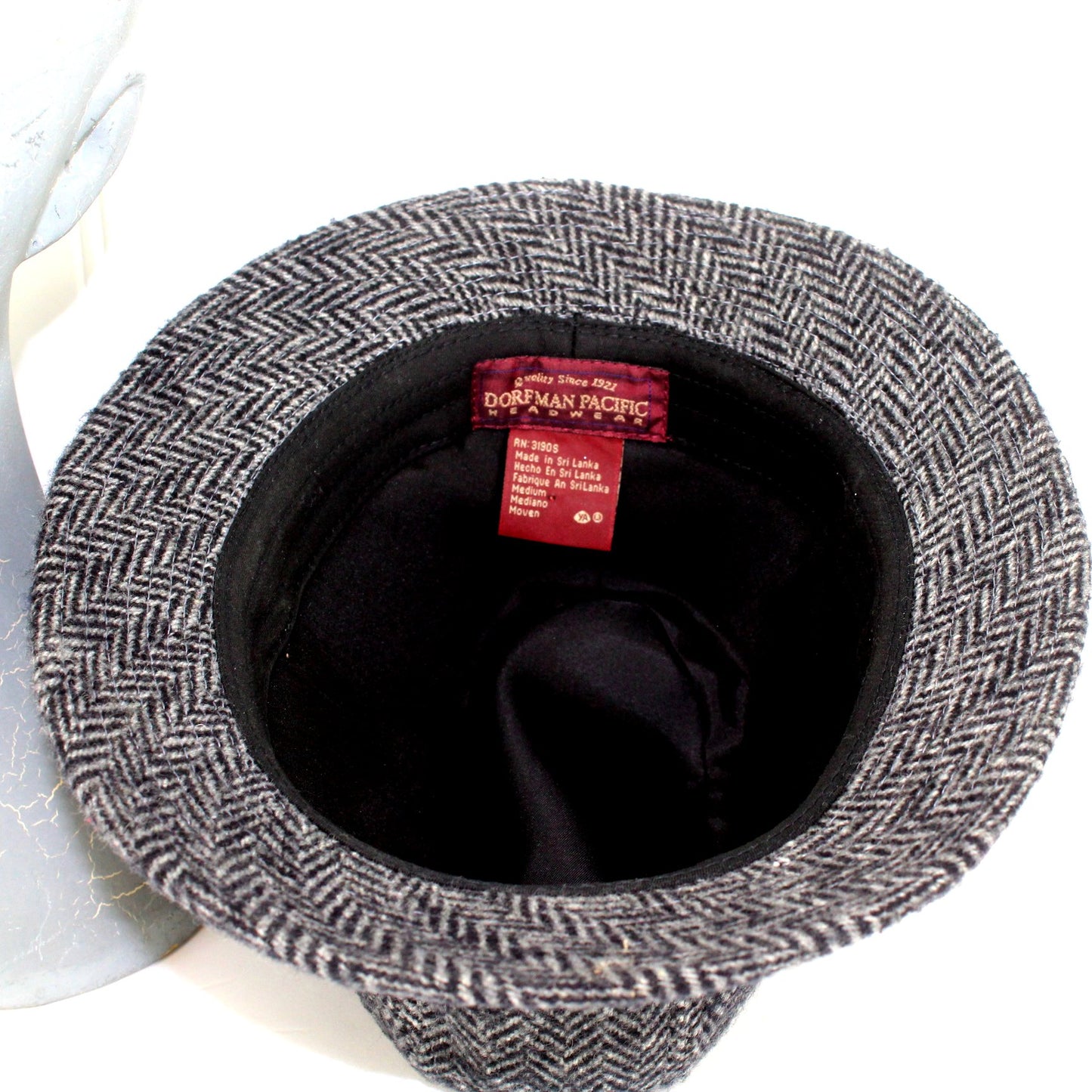 Dorfman Pacific Scala Hat Black Grey Herringbone Wool Blend clean interior
