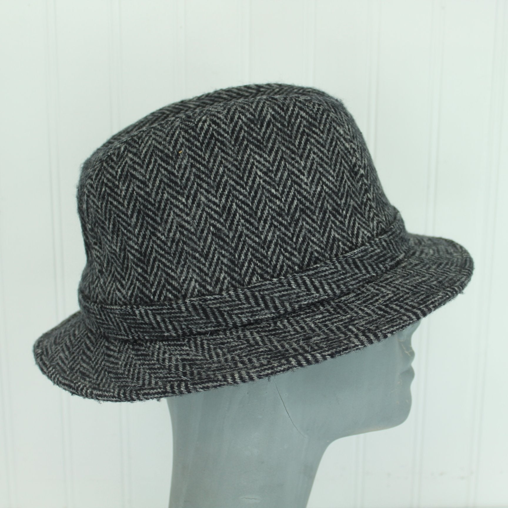 Dorfman Pacific Scala Hat Black Grey Herringbone Wool Blend side view