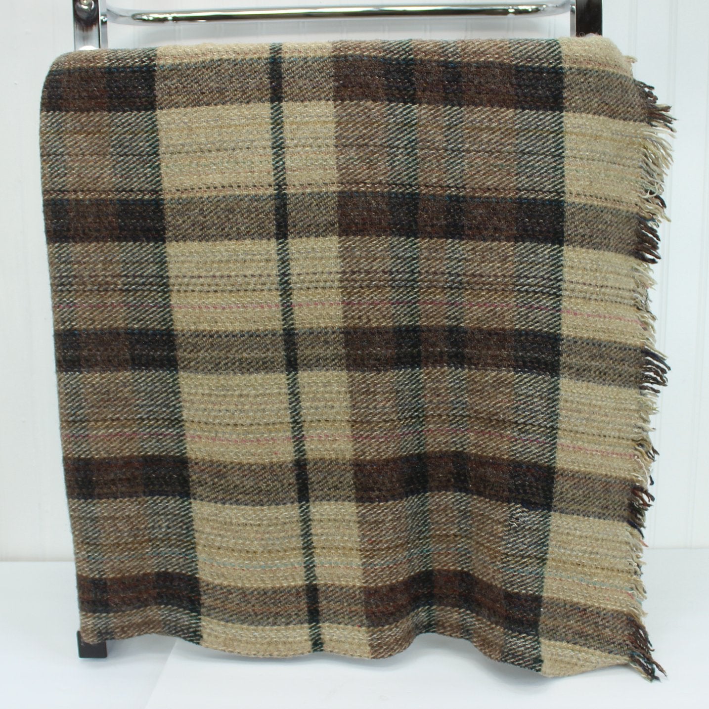 Highland Home Wool Throw Blanket Scotland Plaid Brown Beige Blue