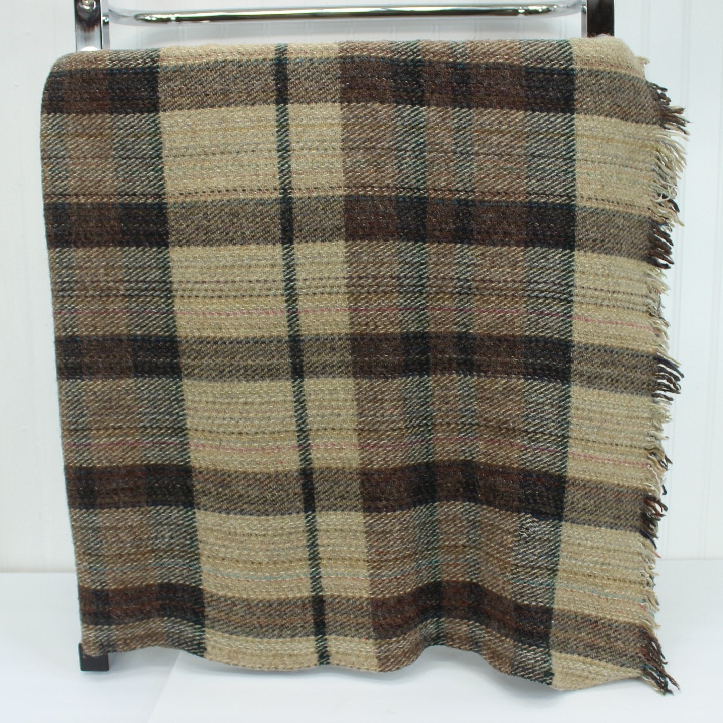 Highland Home Wool Throw Blanket Scotland Plaid Brown Beige Blue Lavender whole pattern view