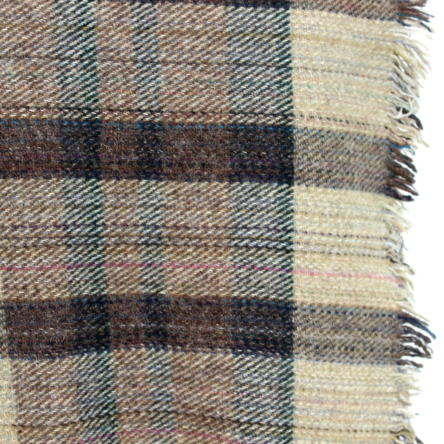 Highland Home Wool Throw Blanket Scotland Plaid Brown Beige Blue Lavender closeup view of colors