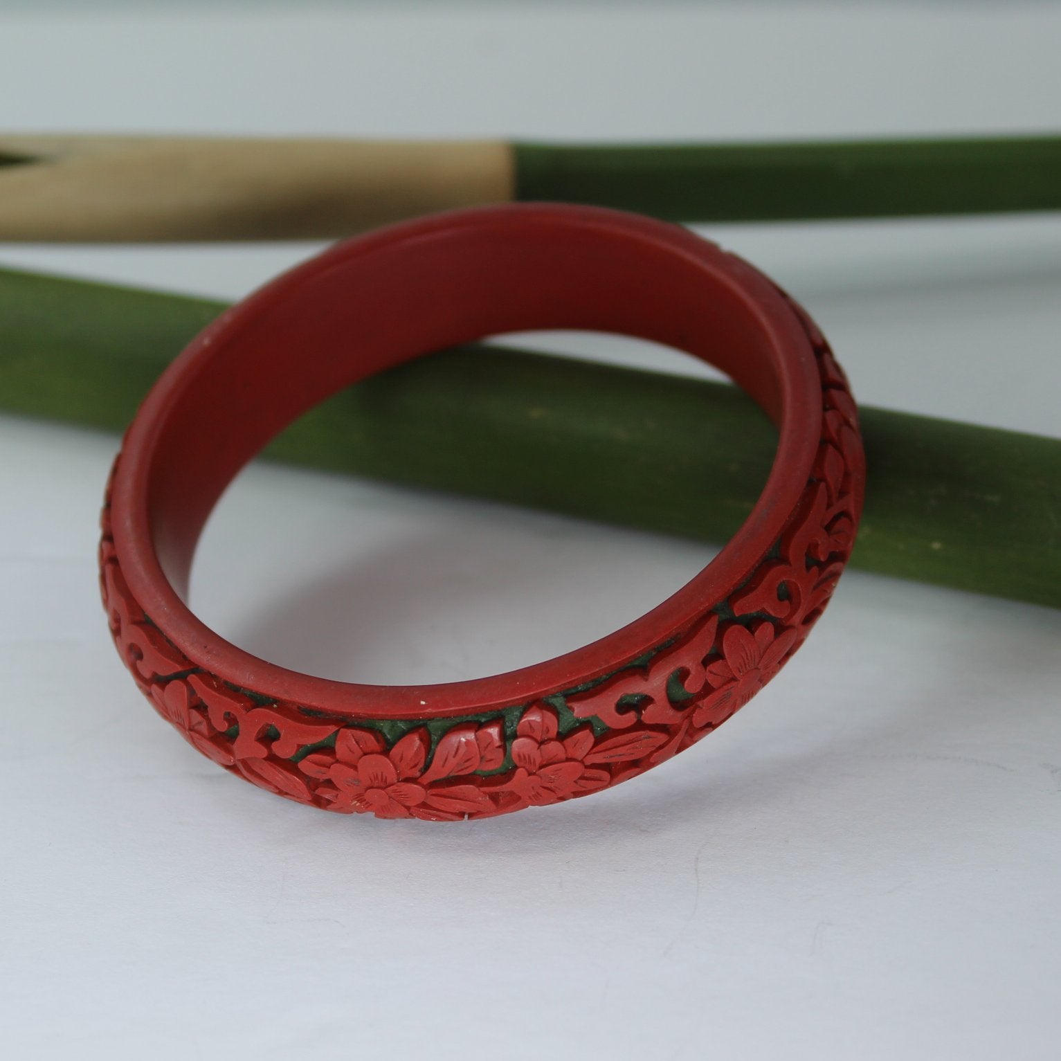 Carved Faux Cinnabar Floral Design Bangle Estate