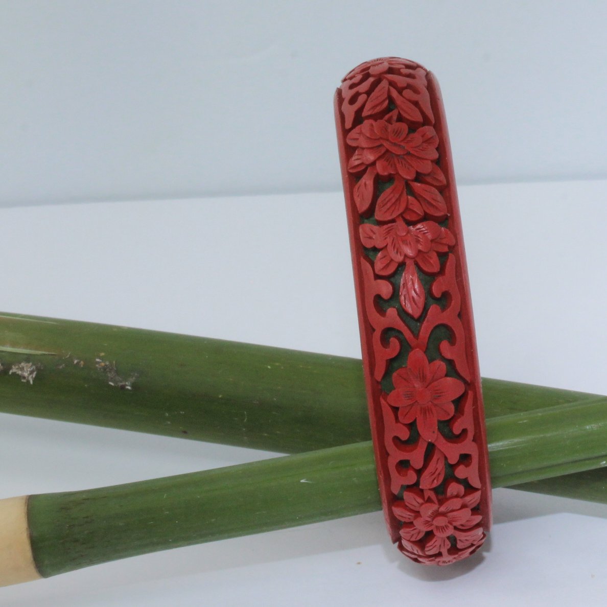 Carved Faux Cinnabar Floral Design Bangle Estate other view long 