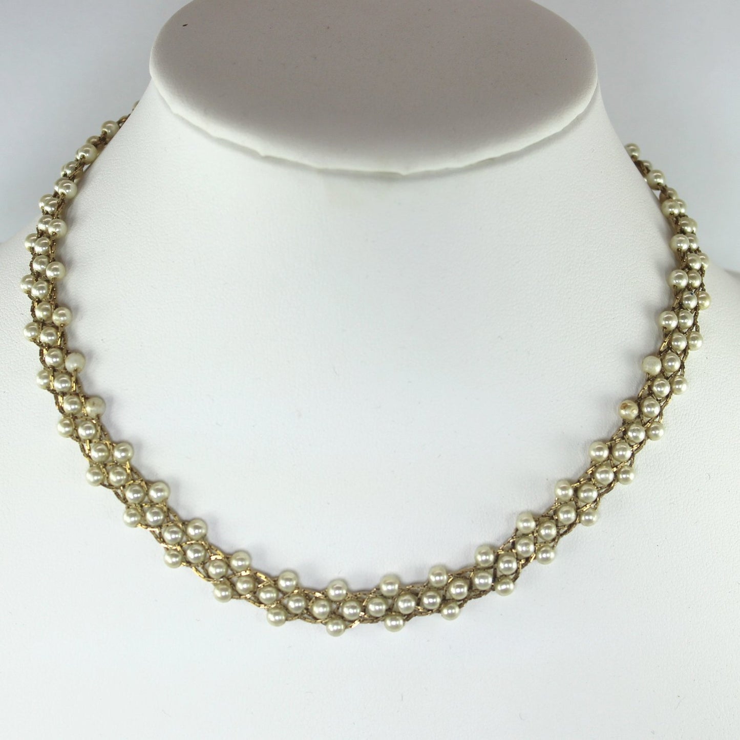 Two Napier Vintage Necklaces 30" Mod Oval Long Links 16" Pearl Gold Chain Woven pearl woven with gold tone wire