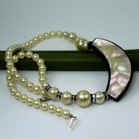 Unusual Necklace Mother of Pearl On Black Crescent Pearl Chain Black Accents