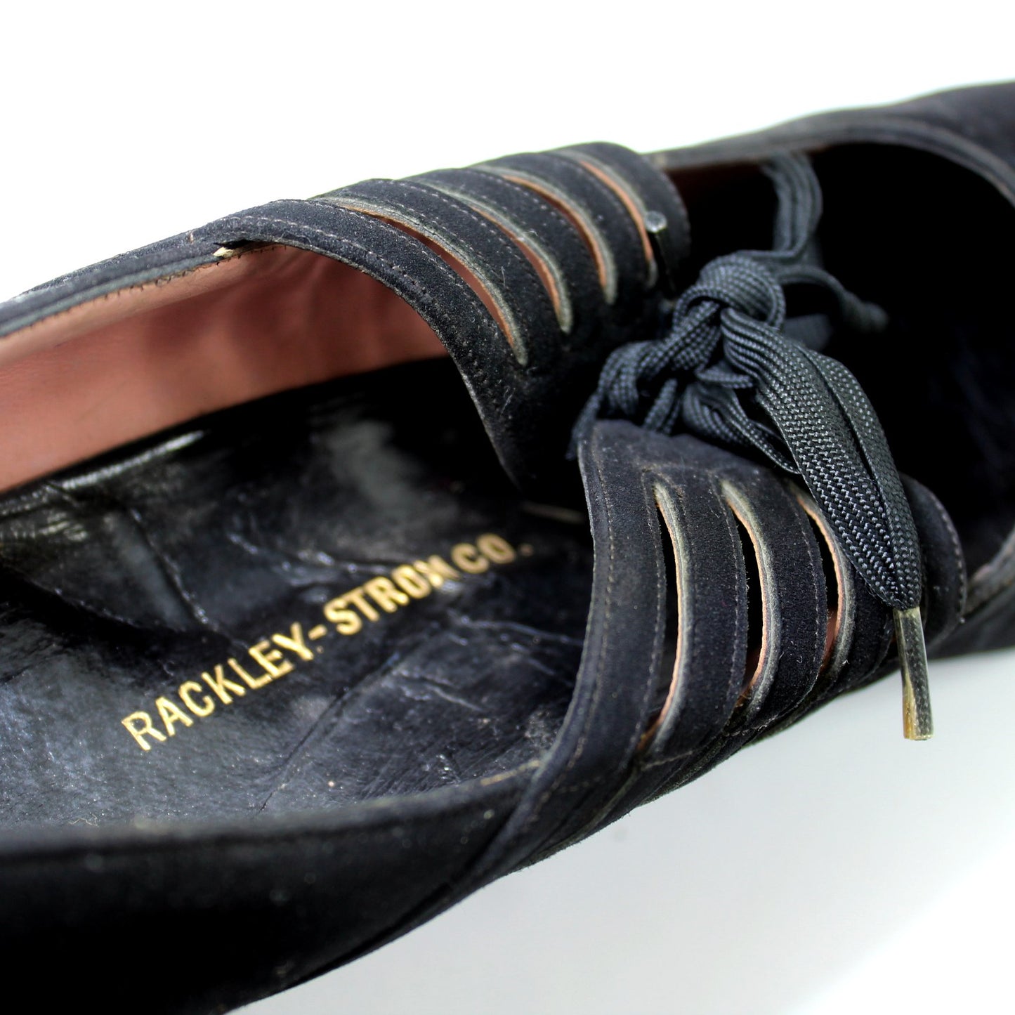 Dickerson 1940s Black Suede Tie Shoes 81/2 A Rockley Strom Co dept store label