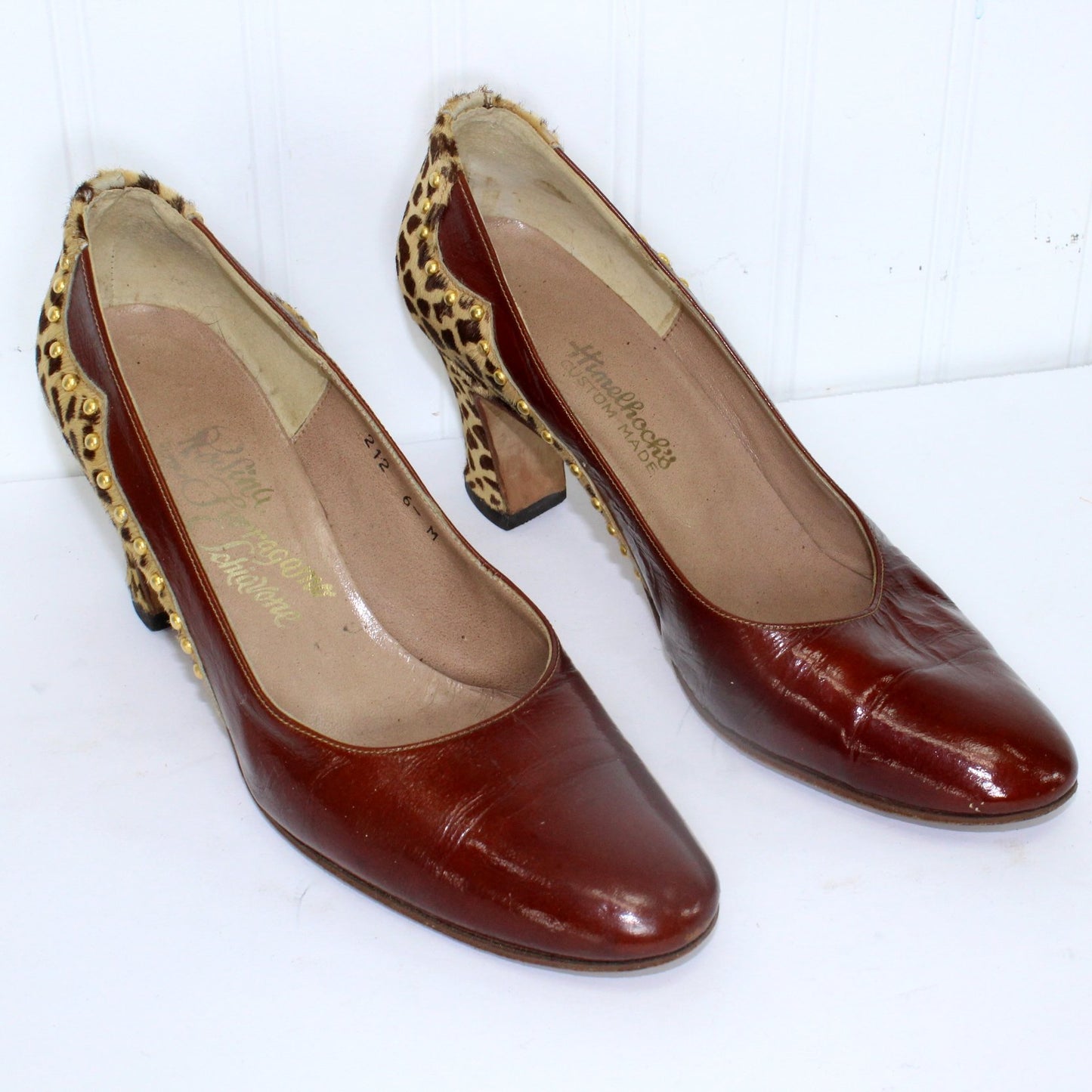 Rosina Ferragamo Italy Shoes 6M Leopard Print Trim Leather 1950s