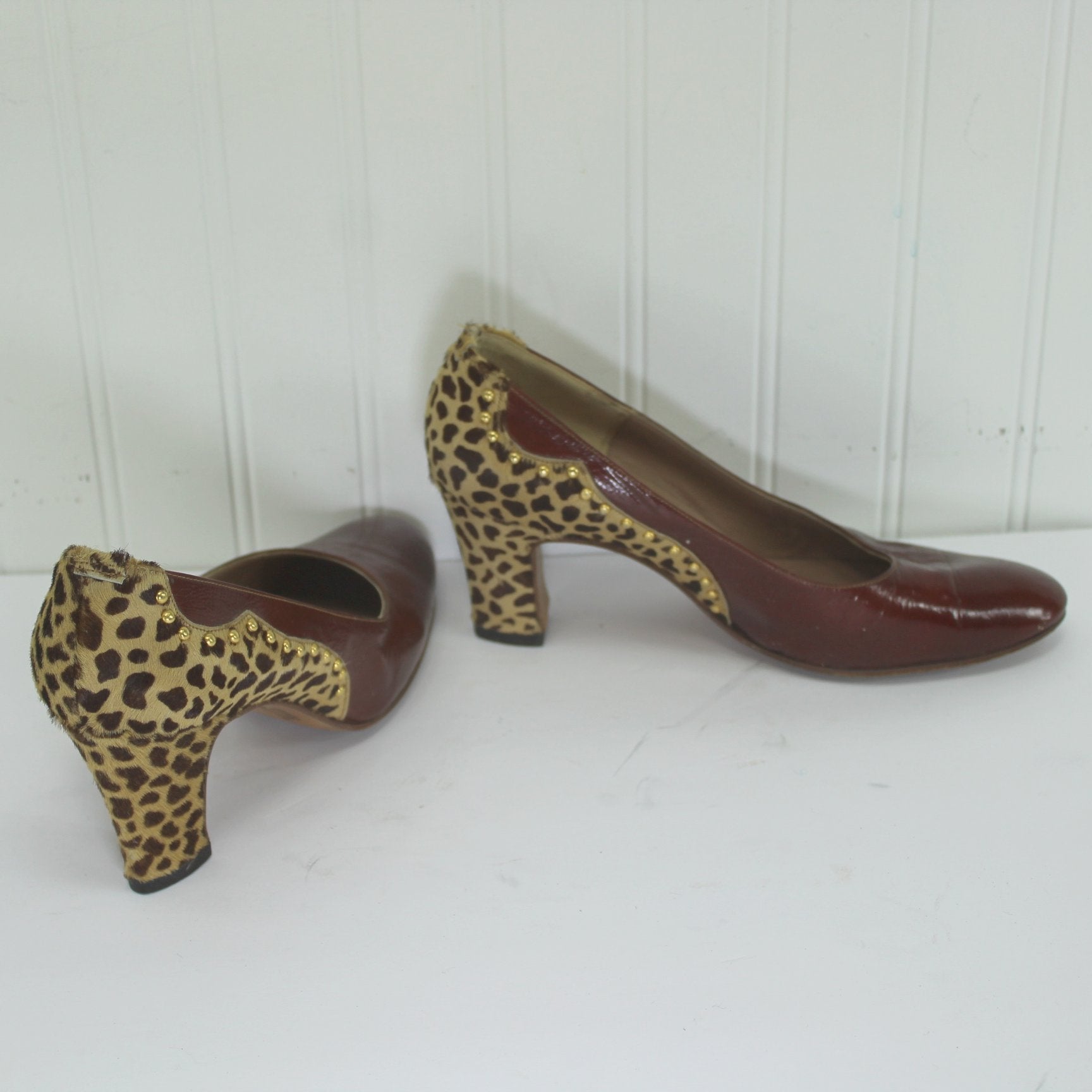 Rosina Ferragamo Italy Shoes 6M Leopard Print Trim Leather 1950s dyed faux fur