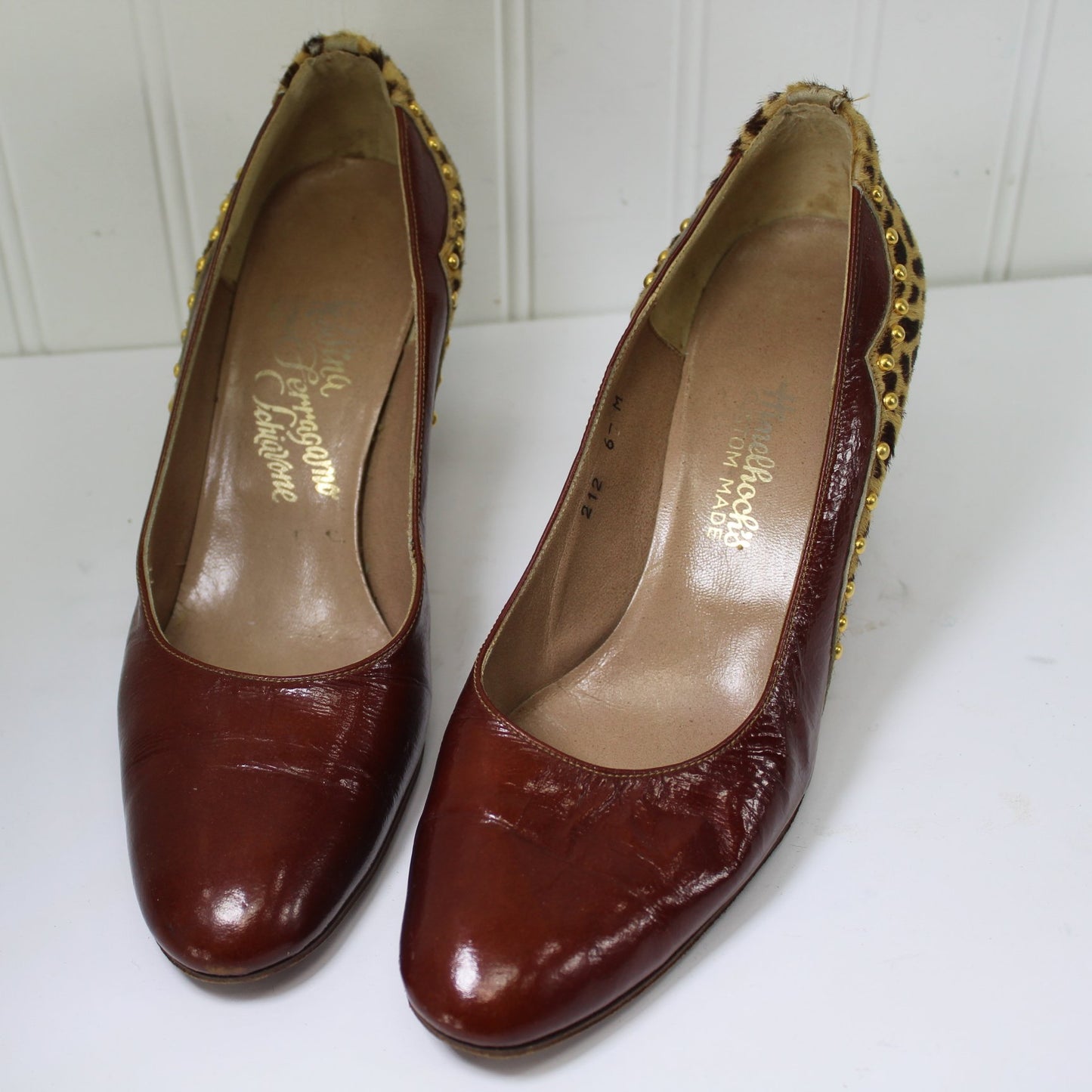 Rosina Ferragamo Italy Shoes 6M Leopard Print Trim Leather 1950s other front view