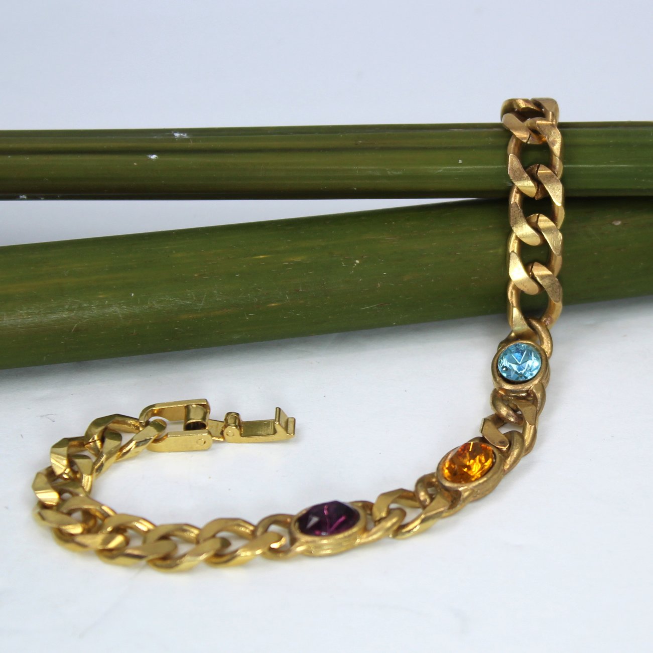 Gold Tone Link Bracelet 3 Glass Stones Amber Topaz Amethyst Colors other view bracelet 