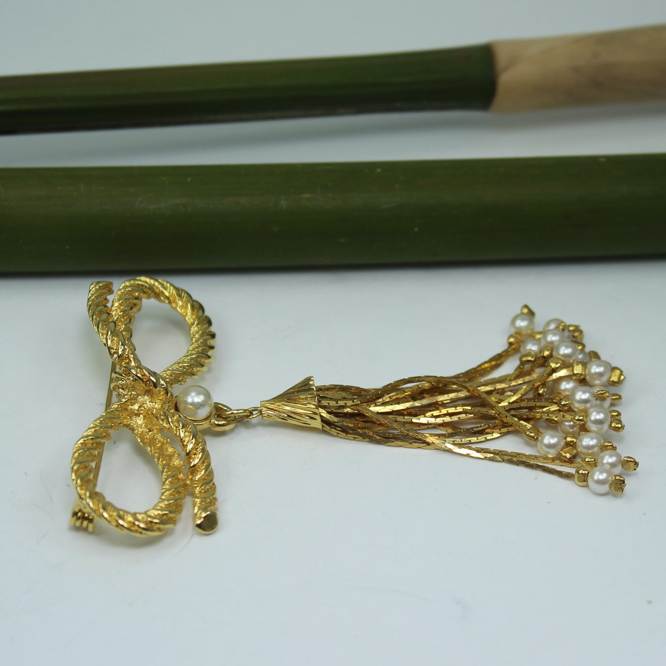 Gold Bow Pin Pearl Long Chain Tassel Designer Quality other view of pin flat