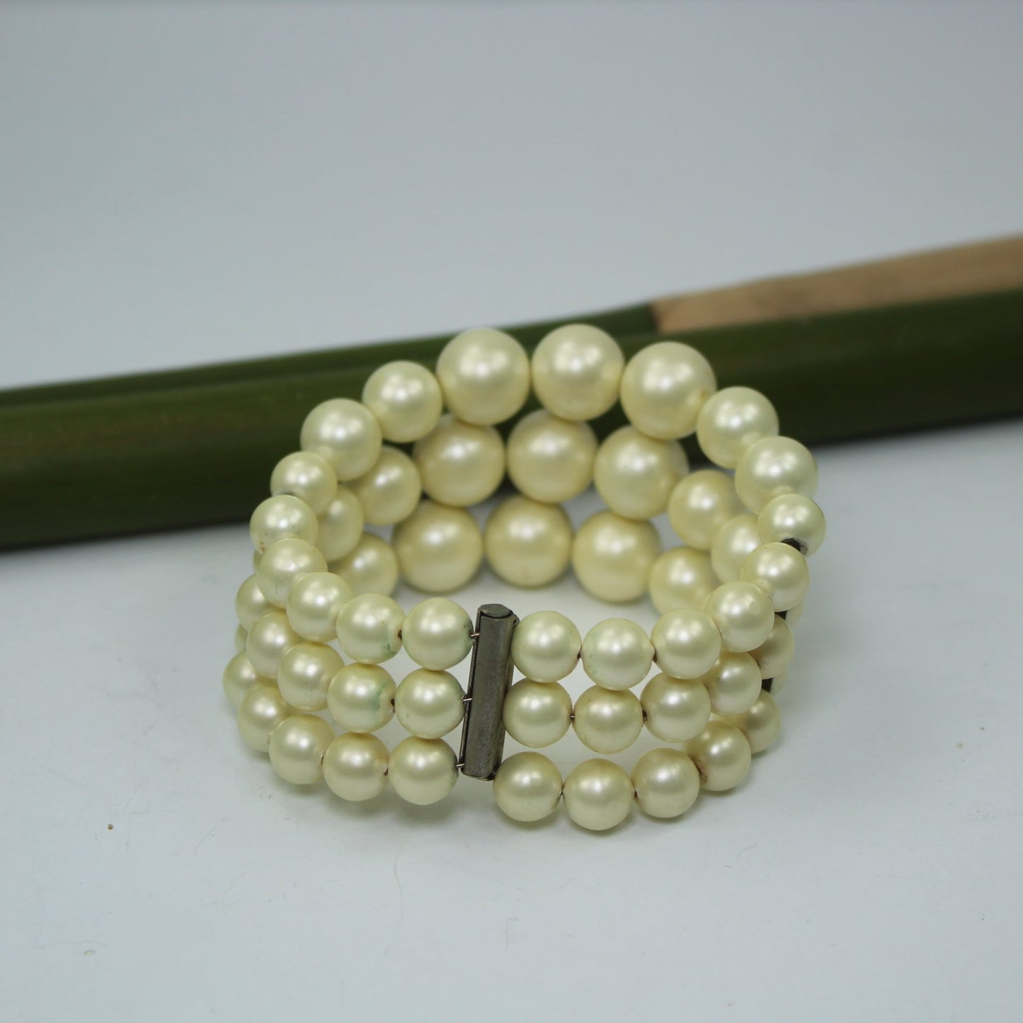 Mid Century Pearl Bracelet Memory Wired 3 Strand Cuff