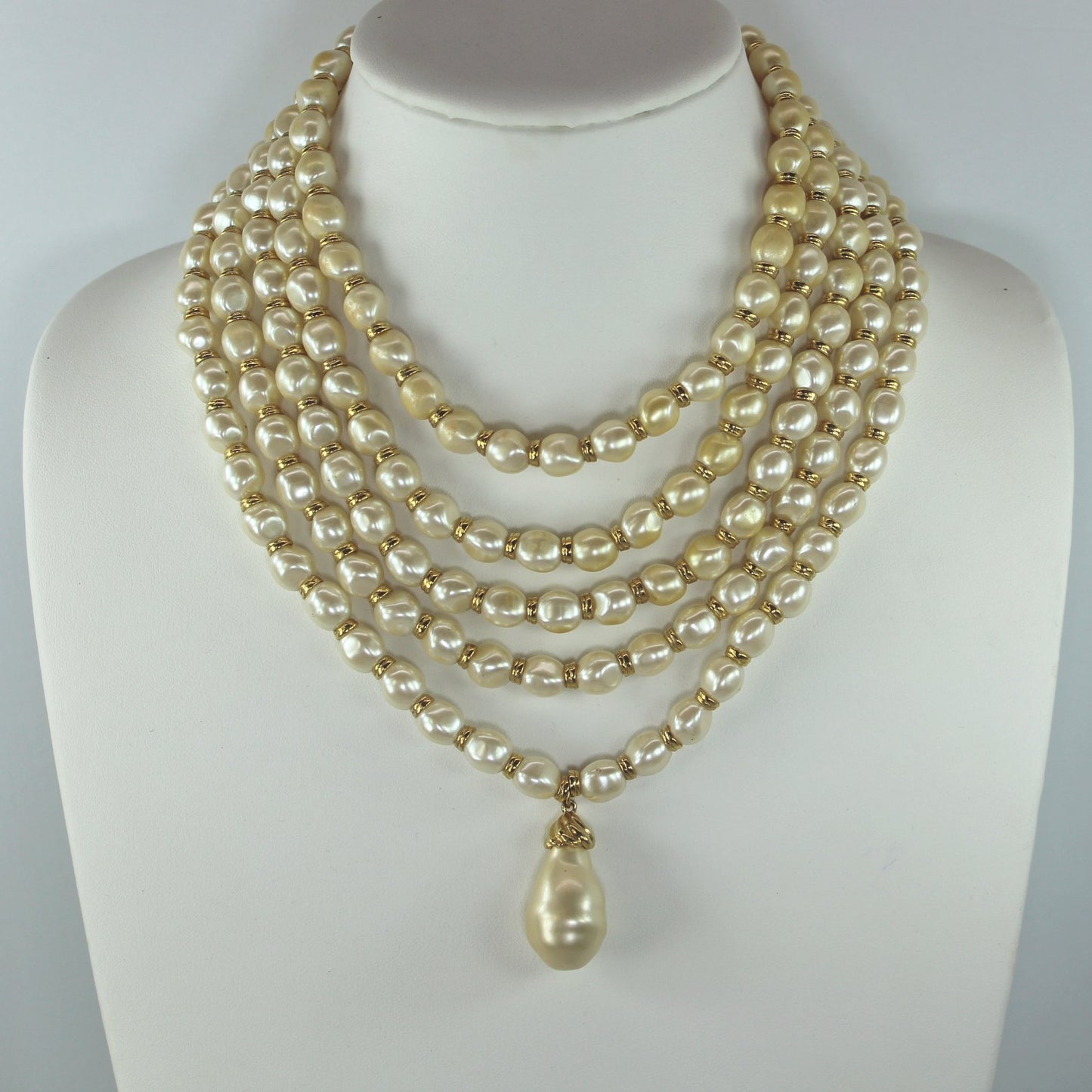 Fantastic Runway 5 Strand Baroque Faux Pearl With Teardrop Dangle Necklace Special Price