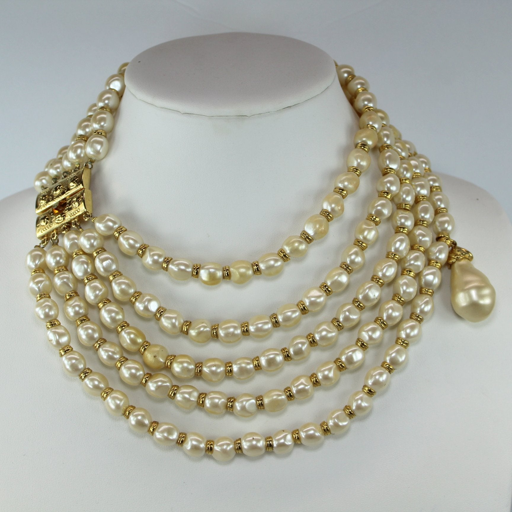 Fantastic Runway 5 Strand Baroque Faux Pearl With Teardrop Dangle Necklace Special Price side view